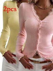 Sweet & Spicy Style 2-Piece Set Lace Trim V-Neck Knit Cardigan Solid Color Ribbed Waist Cropped Slim Fit Long Sleeve Base Layer - Yellow and Pink - View 1