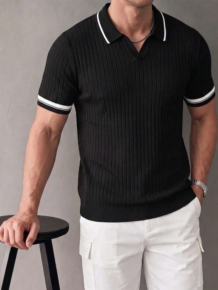 Men's Casual Vertical Ribbed Knit Polo Shirt, Contrast Trim Collar Short Sleeve Top - Black - View 1