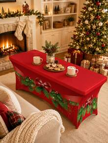 1pc Christmas Elastic Fitted Tablecloth, Polyester Spandex Full Coverage Stretch Table Cover, Holly Wreath And Red Bow Print, Rectangular Wrinkle-Resistant Buffet Tablecloth, Suitable For Parties, Banquets And Home Decor - Multicolor - View 2