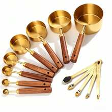 13pcs Measuring Cups And Spoons Set - Gold Stainless Steel Measuring Cups With Wooden Handles, Metal Measuring Spoons Set, Nesting Kitchen Measuring Tools Set, Suitable For Kitchen/Coffee/Baking (Includes 8 Wooden Handles + 5 Stainless Steel Mini Measuring Spoons) - Gold - View 10
