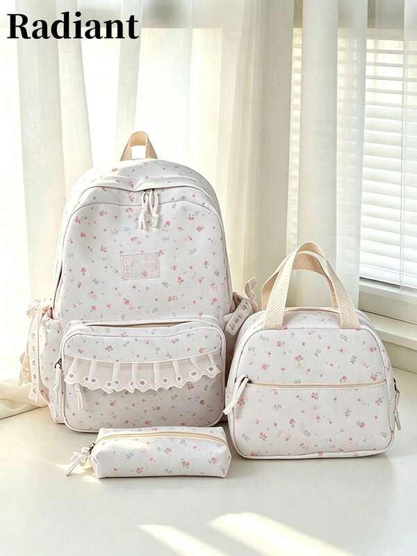 Backpack Lunch Bag Pencil Case 3Pcs,All Over Floral Print,Waterproof Lace Trim Multi Zipper Pockets,Large Capacity Storage For Teen School Daily