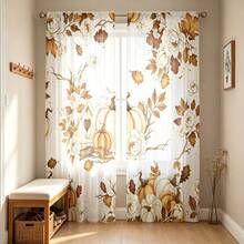 2PCS Autumn Semi‑Sheer Curtains, Retro White Rose Pumpkin Maple Leaf Print Light Filtering Drapes For Bedroom Living Room Fall Home Decoration,Fall Sheer Curtains - Multicolor - View 8