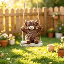 1pc Scottish Highland Cow Hanging Swing Resin Ornament, Indoor Home Desktop, Garden Yard Tree Hanging Decor Craft - High-altitude Swing Cow - View 2