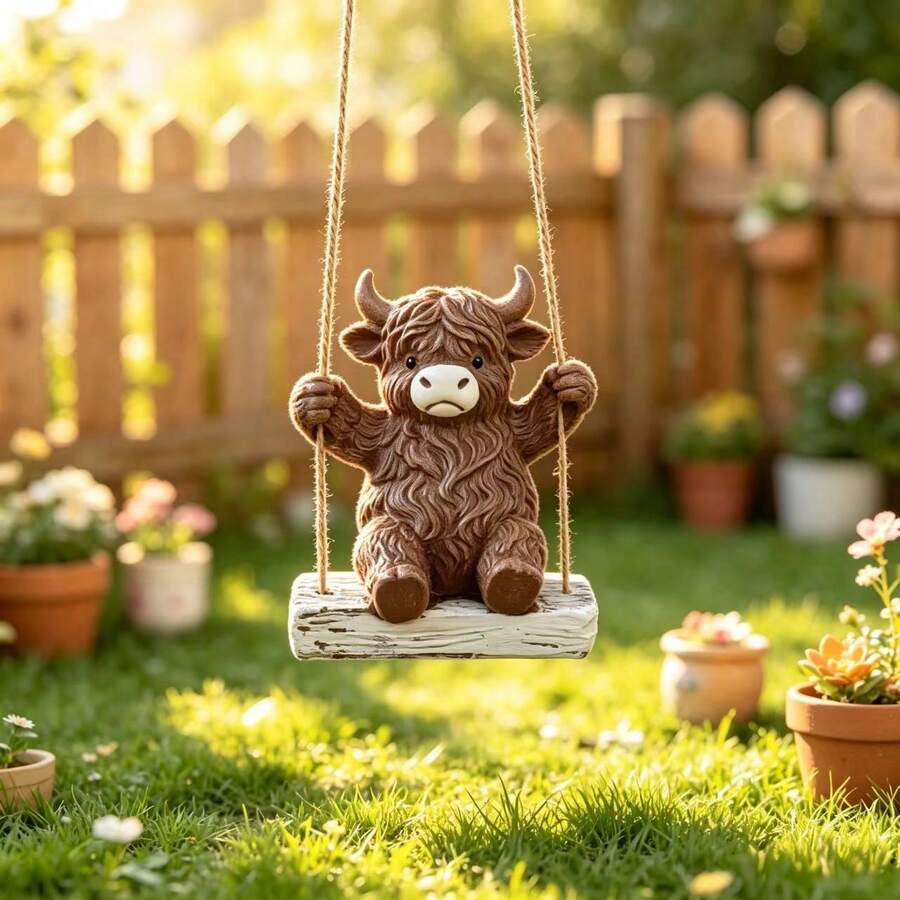 1pc Scottish Highland Cow Hanging Swing Resin Ornament, Indoor Home Desktop, Garden Yard Tree Hanging Decor Craft