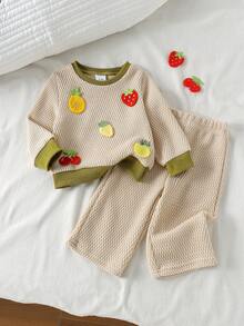 2pcs Baby Girl Fresh Mori Style 3D Fruit Applique Long Sleeve Sweatshirt & Wide Leg Pants Set, Thin Spring/Autumn Casual Everyday Wear - Apricot - View 2