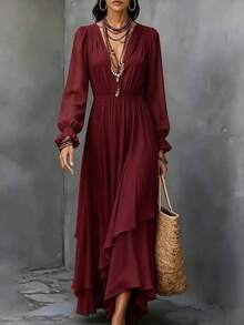 Women Long Dresses - Burgundy - View 3