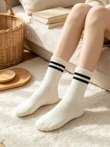 1/5 Pairs Women's Double Bar Mid-Calf Socks, Comfortable Casual Versatile Socks For All Seasons (Random Colors And Styles) - Multicolor - View 3