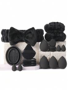 6/20/30/50 Pieces Complete Black Makeup Accessory Kit, 30 Multifunctional Makeup Brushes, Powder Puffs, Cosmetic Sponges, Bow Headband, Wristbands & Brush Cleaning Bowl, Soft Applicator Tools For Face And Eye Daily Makeup - Black - View 15