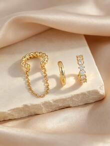 3pcs Shiny Exquisite Cubic Zirconia Chain Ear Clips Set, Multi-Layer Stackable Earrings Suitable For Women's Daily, Date, Party Wear (3pcs Not 3 Pairs) - Yellow Gold - View 5