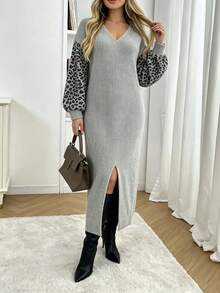 Plus Size Women's V-Neck Leopard Print Colorblock Casual Everyday Knit Dress Fall - Grey - View 2