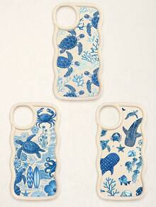 3 Pcs Wavy White Edge Ocean Sea Turtle Print Phone Case, Blue Tone Underwater Creature Illustration Soft Shell, Thickened Wavy Frame Full Coverage Anti-Drop TPU Phone Cover, Ins Vacation Style Niche Fresh Digital Accessory; Suitable For Valentine's Day, Easter, Mother's Day, Father's Day, Independence Day, Halloween, Thanksgiving, Christmas, New Year, Birthday, Back To School Gifts, Compatible With IPhone 17/17 Pro - Multicolor - View 20