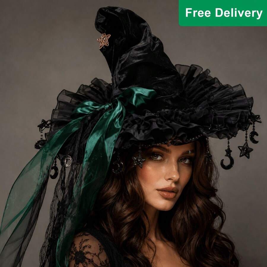 Halloween Witch Hat Gothic Wizard Hat Headwear With Detachable Bow