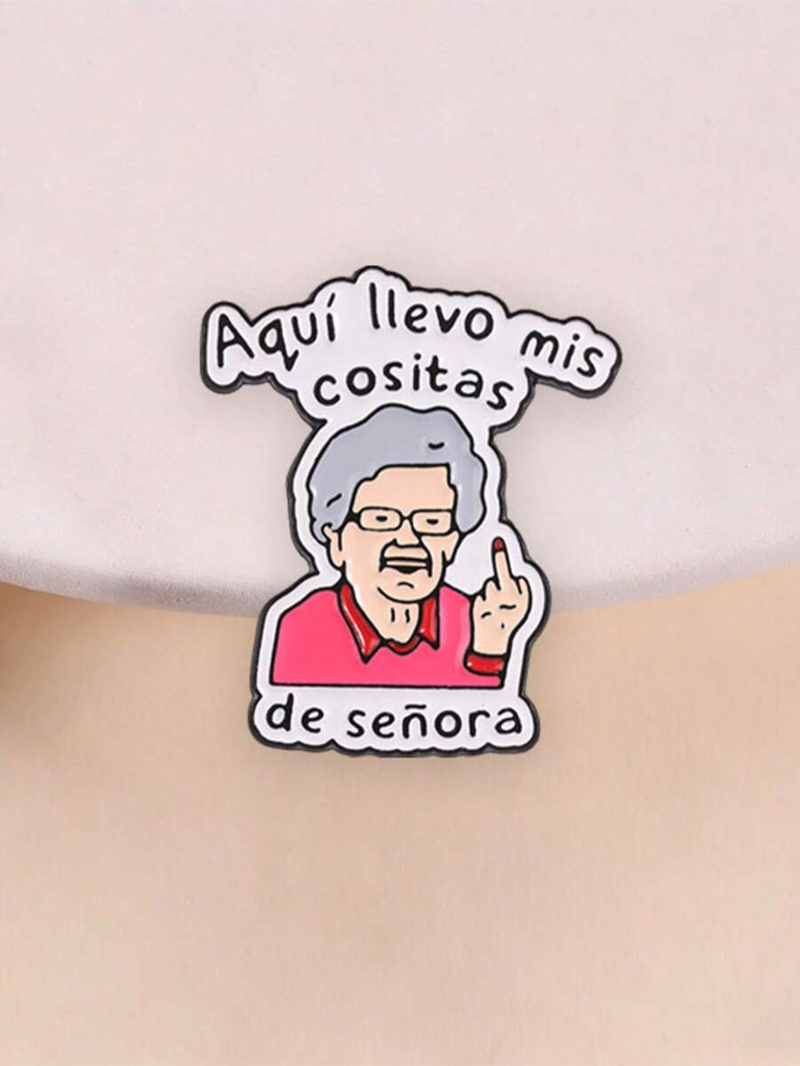 Pin Kerah Enamel Nenek Kartun, Bros Figur Lucu Vintage, Pin Dekoratif Teks Spanyol, Aksesori Pakaian Fashion