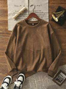 Women's Suede-Like Round Neck Sweatshirt, Loose Oversized Long Sleeve Pullover, Casual Soft Streetwear Top, Suitable For Spring, Autumn And Winter - Brown - View 5