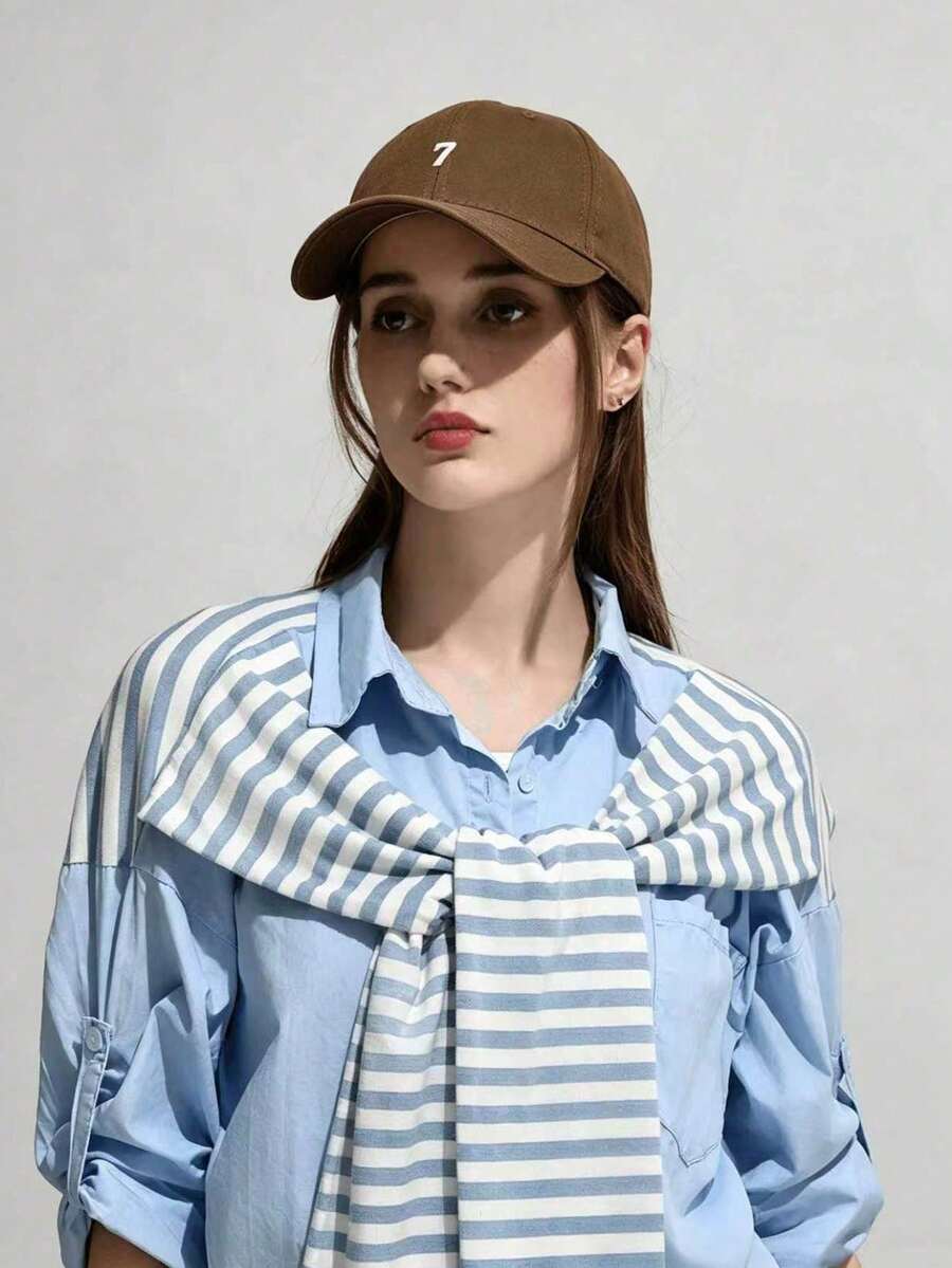 1件女款刺繡7號棒球帽,寬帽簷高帽頂小眾百搭修臉大頭圍棒球帽,男士適用 - 咖啡棕 - 查看 1