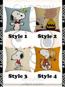 Snoopy Linen Decor Cushion Cover, Single Standing Snoopy With Pink Head Flower And Red Neck Outfit, Border Red Trim + Small Rainbow & Red Dot Pattern, Versatile Throw Pillow For All-Room Home Ornament - Multicolor - View 6