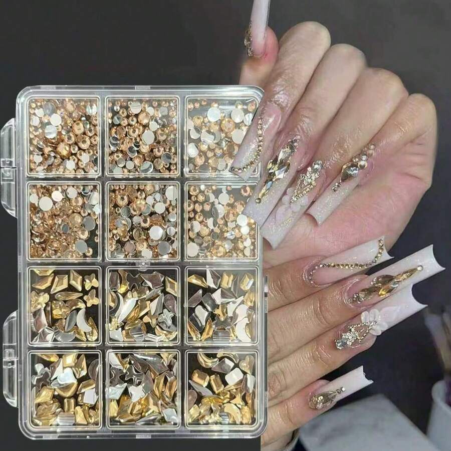 Set Dekorasi Kuku Rhinestone 12 Kotak, Potongan Dekorasi Kuku Warna Champagne, Berbagai Bentuk, Perlengkapan Seni Kuku 3D DIY - Sampanye - View 1