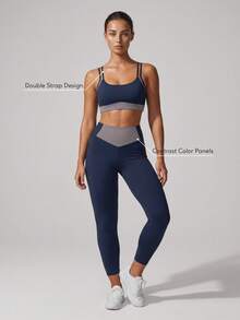 Sodalemon Women's Colorblock Gym Set, 2-Piece Set With Double Strap Sports Bra And Butt-Lifting Running Fitness Yoga Leggings - Navy Blue - View 3