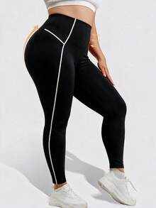 1pc Plus Size 9/10 Length Leggings, All Season, Tummy Control, Waist Shaping, Color Block, Fashionable Minimalist Casual Sports Yoga Base Layer Pants - Black - View 2
