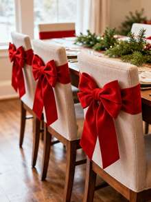 1pc/4pcs Red Satin Christmas Chair Back Bow Decor, Pre-Tied No-Knot Ready-To-Use, With Long Ribbons, Easy-Slip Design, Suitable For Dining Room, Home Dinner, Christmas Party, Wedding Banquet, Restaurant And Holiday Home Decor - Red - View 2