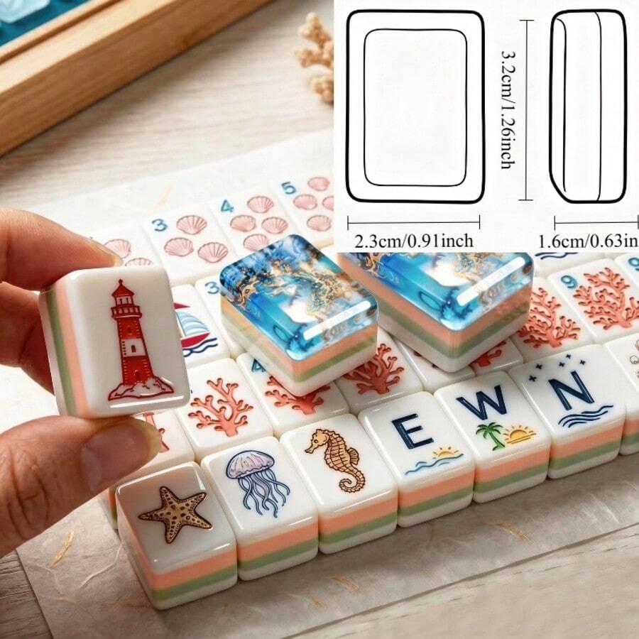 160 Pieces Pearl Shell American Mahjong Tiles Set, Luxury Diamond Style Jewel Engraved Acrylic Mahjong Game Tiles, Handcrafted Durable Travel Mahjong Kit For Family Gatherings & Party Entertainment - Blue Sea - View 1