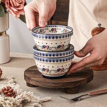 2pcs/4pcs Bohemian Polish Style Floral Pattern Round Ceramic Rice Bowl, Vintage Blue Lace Rim Dotted Decor Thickened Anti-Slip Base, Microwave Dishwasher Porcelain Dinner Bowl, For Daily Dining Breakfast Home Dinner Party Autumn Daily Table Decor - Multicolor - View 2