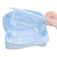1pc Minimalist Solid Color Plush Pencil Case, Multi-Layer Large Capacity Nylon Pencil Bag With Snap Front Pocket, Simple Label Decor Zipper Stationery Storage Bag, Portable School Supplies And Cosmetics Organizer, Suitable For Back To School Season - Dopamine Flap Pencil Case - View 5