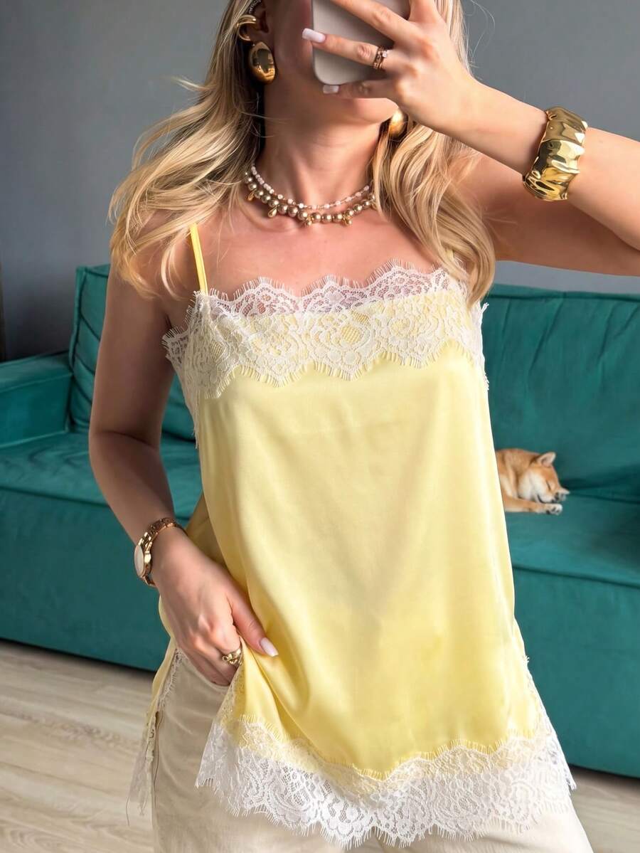 GMFP Yellow Summer/Autumn Eyelash Lace Trim Satin Short Camisole Top, Y2K Back To School Graduation Season Women's Outfit Piece, Halloween Christmas Inner Layer - Yellow - View 1