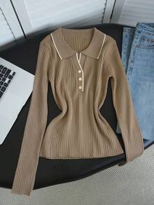 Women's Polo Collar Knit Sweater, Autumn/Winter White Contrast Ribbed Slim Fit Top, Daily Commute Date Versatile Korean Soft Style Base Layer Fall - Camel - View 8