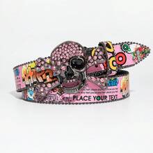 1 pieza Cinturón de hombre con calavera colorida, estilo punk rock Y2K, con tachuelas de estrella y strass incrustado, accesorio versátil para jeans, adecuado para uso diario - Grafiti de colores - Ver 10