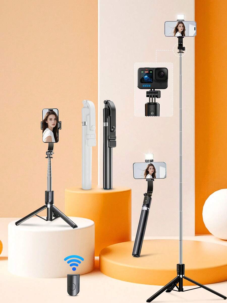 عصا سيلفي محمولة قابلة للطي بارتفاع 170 سم مع إضاءة تعبئة 3 مستويات سطوع، جهاز تحكم لاسلكي بلوتوث، حامل هاتف متعدد الزوايا، قاعدة ثلاثية مستقرة، مناسبة للسفر في الهواء الطلق، الفلوق، البث المباشر، تسجيل الفيديو على المكتب، صور السيلفي الجماعية