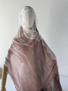 1PC Pleated Chiffon Headscarf With Eyelash Lace Trim, Gradient Dusty Pink Lightweight Semi-Sheer Muslim Women's Hijab, Elegant Lace Edge Shawl, Suitable For Daily Wear And Occasions - Dusty Pink - View 4