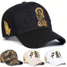 1 pieza Gorra de camionero con bordado de la cruz de para hombres, gorra de moda urbana de 5 paneles, sombrero casual con protección solar para primavera, otoño, viajes, playa, verano, vacac - Multicolor - Ver 1