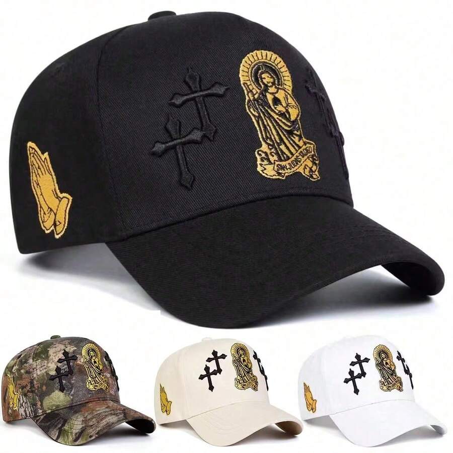 1 pieza Gorra de camionero con bordado de la cruz de para hombres, gorra de moda urbana de 5 paneles, sombrero casual con protección solar para primavera, otoño, viajes, playa, verano, vacac - Multicolor - Ver 1