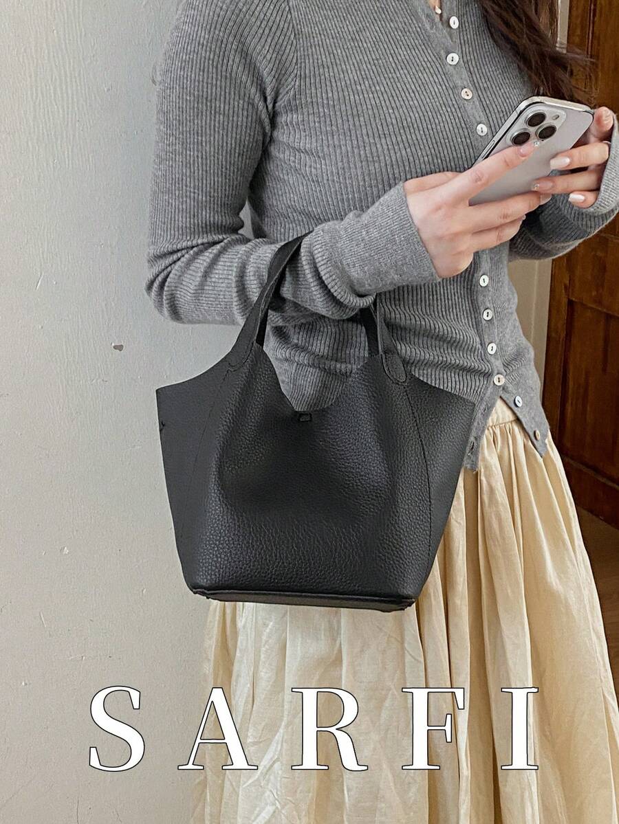 極簡純色 PU 布料女款水桶包,優雅時尚可調節肩帶單肩包/斜挎包 - 黑色 - 查看 1