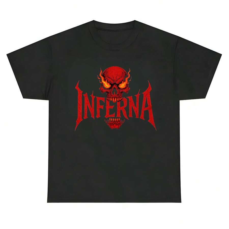 1pc Casual 100% Cotton Loose Crew Neck Gothic Flame Skull Letter Graphic Men's T-Shirt, Rock Concert Street Summer Short Sleeve Tee