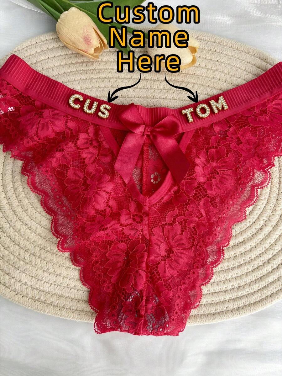 Custom Rhinestone Letter Name Text Special Date Sexy Lace Panties, Ribbed Elastic Hollow Waist Bowknot Panties, Personalized Gift For Wife, Anniversary, Holiday