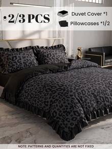 2/3pcs Satin Ruffle Duvet Cover Set, Dorm Bedding, Black Leopard Print Bedding Set, Cozy Room Decor, Skin-Friendly Breathable, Ultra Soft Anti-Pilling, No Duvet Insert Included, Suitable For Single/Double/Queen/King Size Bed, All Seasons, Machine Washable, Back To School - Multicolor - View 3