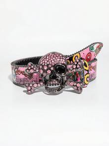 1 pieza Cinturón de hombre con calavera colorida, estilo punk rock Y2K, con tachuelas de estrella y strass incrustado, accesorio versátil para jeans, adecuado para uso diario - Grafiti de colores - Ver 6