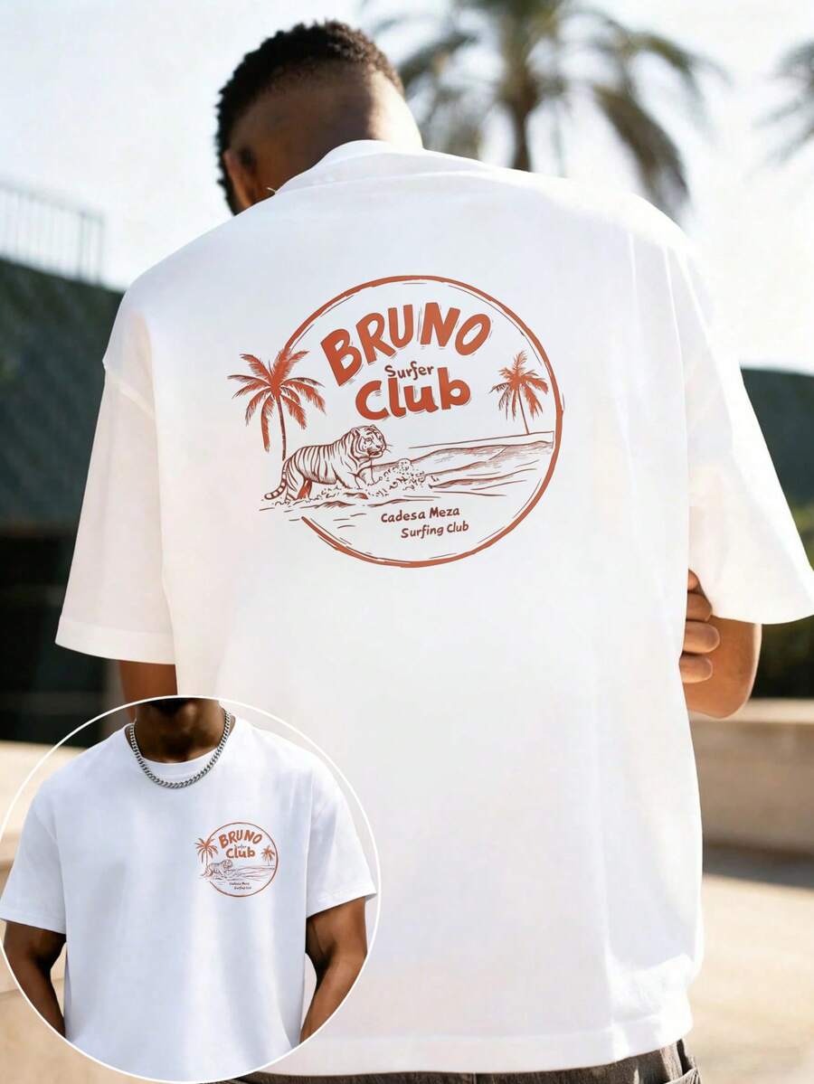 Tiger Surf Club Graphic T-Shirt – 100% Cotton 180 G/M² Crew Neck Breathable Regular Fit Summer Beach Activities - 白色 - 查看 1