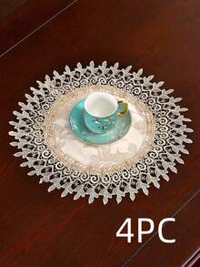 HXARTMIS 1PC Vintage Floral Lace Round Placemat, Embroidered Hollow Lace Trim Decorative Table Mat, Home Tabletop Decor - Light Coffee - View 10