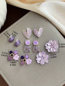 5 Pairs Gentle Sweet Delicate Cute INS Style Purple Gradient Heart Rhinestone Square Earrings High-End Elegant Versatile Floral Petal Stud Earrings Set Suitable For Women Daily Holiday Gift Commute Wear - Multicolor - View 8