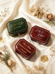 Personalized PU Leather Ring Box With Dual Slot Design, This Faux Leather Engagement Ring Storage Box Is Lined With Soft Fabric, Perfect Keepsake For Wedding Proposal And Ideal Anniversary Gift For Couples On Valentine's Day - Multicolor - View 4