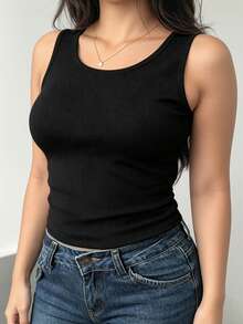 Camiseta Casual de Manga Curta de Cor Sólida Plus Size para Mulheres, Regata Esportiva Casual de Malha Ajustada com Gola Redonda, Adequada para Ocasiões Formais de Verão, Escritório, Concertos - Preto - Visão 4