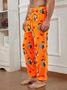 Men's Customized Photo Print Pajama Pants, Black With Personalized Couple And Red Heart Pattern, Soft Fleece Fabric, Casual Style, Couple Gift - Orange - View 4