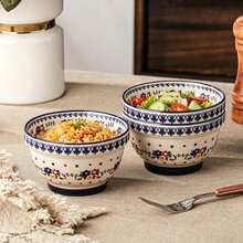 2pcs/4pcs Bohemian Polish Style Floral Pattern Round Ceramic Rice Bowl, Vintage Blue Lace Rim Dotted Decor Thickened Anti-Slip Base, Microwave Dishwasher Porcelain Dinner Bowl, For Daily Dining Breakfast Home Dinner Party Autumn Daily Table Decor - Multicolor - View 1