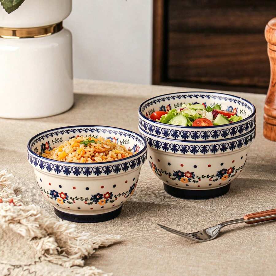 2pcs/4pcs Bohemian Polish Style Floral Pattern Round Ceramic Rice Bowl, Vintage Blue Lace Rim Dotted Decor Thickened Anti-Slip Base, Microwave Dishwasher Porcelain Dinner Bowl, For Daily Dining Breakfast Home Dinner Party Autumn Daily Table Decor - Multicolor - View 1