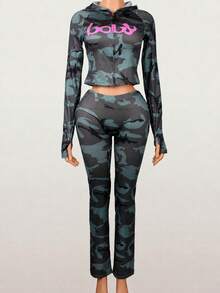 Women's Pink Leopard Print Autumn 2 Pieces Birthday Outfit, Cropped Long Sleeve Top With Flare Pants - Green - View 4