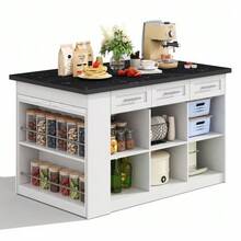 Multifunctional Kitchen Island 150cm + 96cm, Extendable White Dining Table, Black And White Marbled Wood Worktop/Table, Integrated Storage Cabinets, Ideal For Family Kitchens And Shared Dining - White - View 4