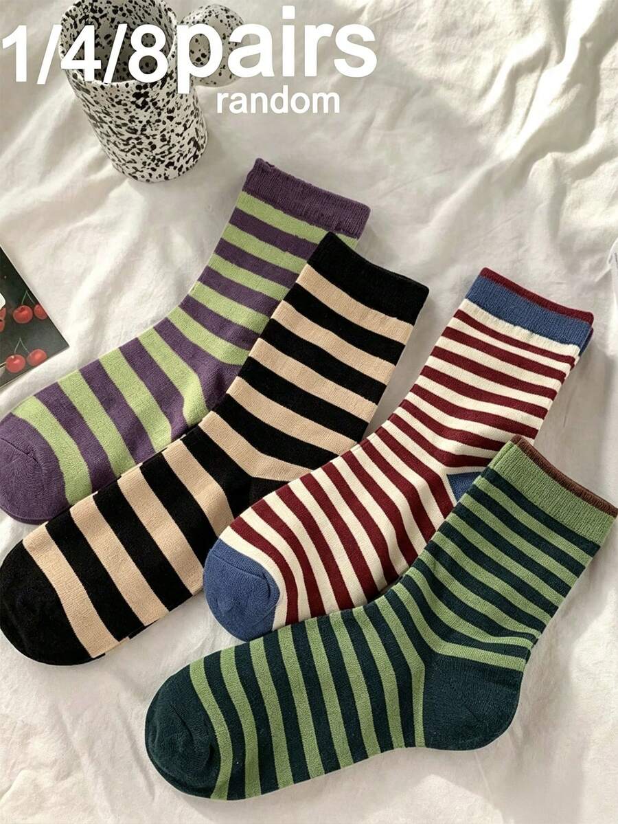 1/4/8 Pairs (Randomly Delivered) Women's Striped Retro Personalized Fashion Simple Elegant Versatile Comfortable Soft Mid-Calf Socks, Suitable For Daily Wear - Multicolor - View 1